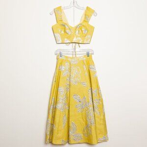 Mandi Line Jacquard Dress Lace Up Top Midi Skirt Set Embellished Yellow XS/S